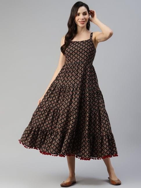 divena black & red cotton printed a-line dress