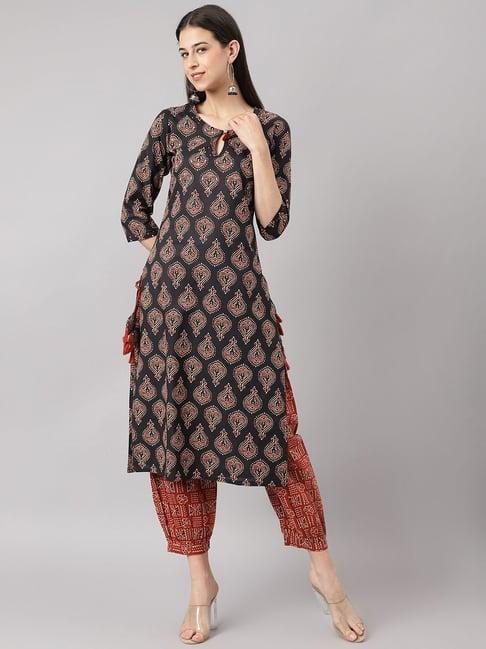 divena black & rust cotton printed kurta pant set