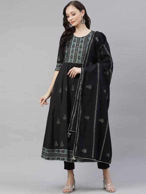 divena black cotton embellished kurta pant set with dupatta