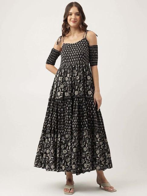 divena black cotton floral print a-line dress