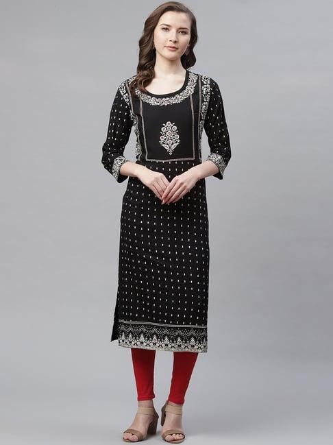 divena black floral print straight kurta