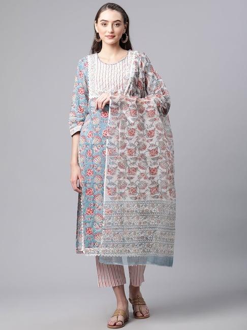 divena blue & white cotton printed kurta pant set with dupatta
