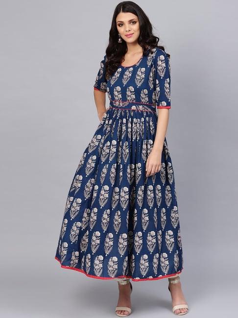 divena blue cotton floral print a line kurti