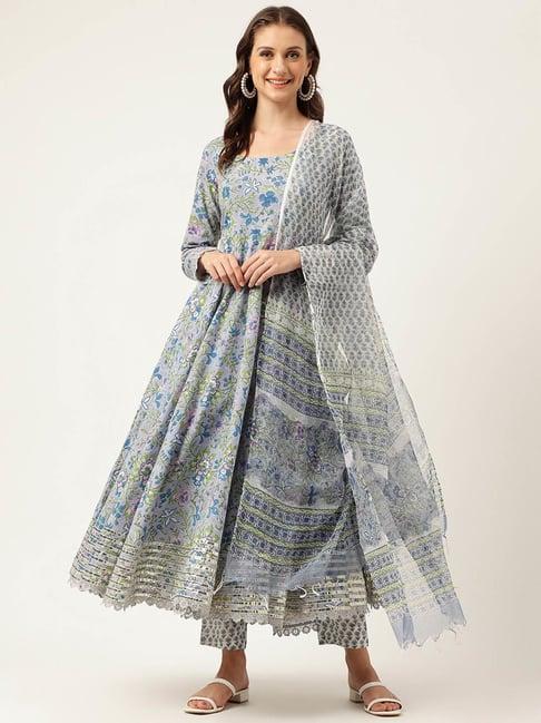 divena blue cotton handblock print gotta patti anarkali kurta & pant with dupatta