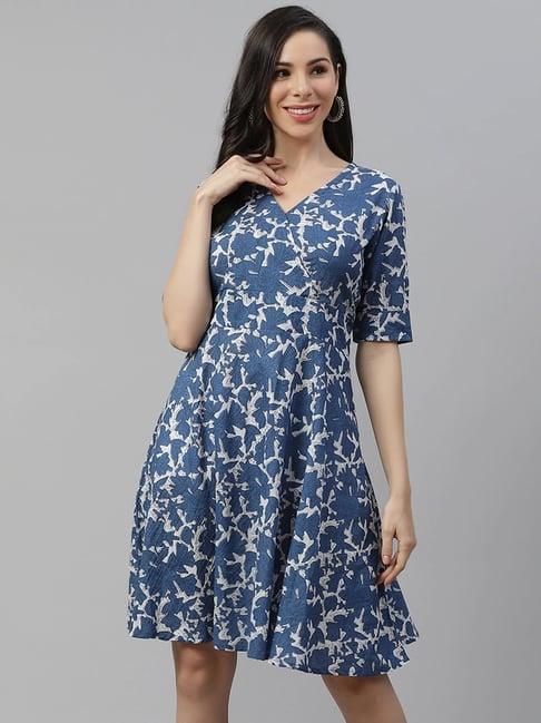 divena blue cotton printed a-line dress