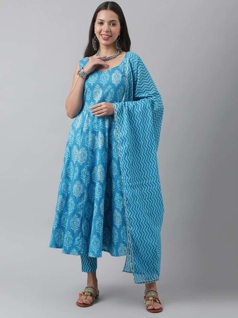 divena blue cotton printed kurta pant set with dupatta