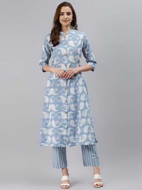 divena blue cotton printed kurta pant set