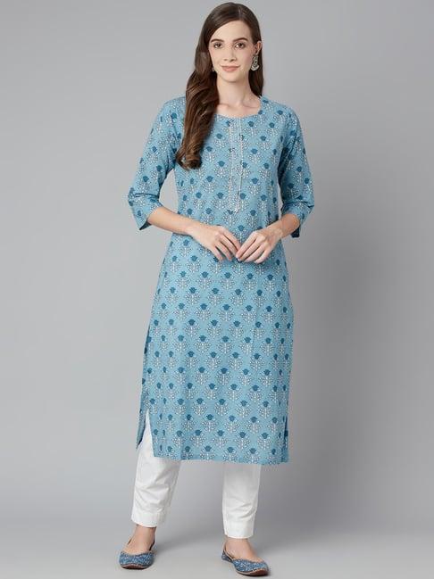 divena blue cotton printed straight kurta