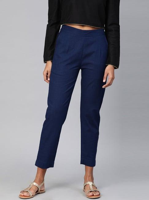 divena blue cotton regular pants for women