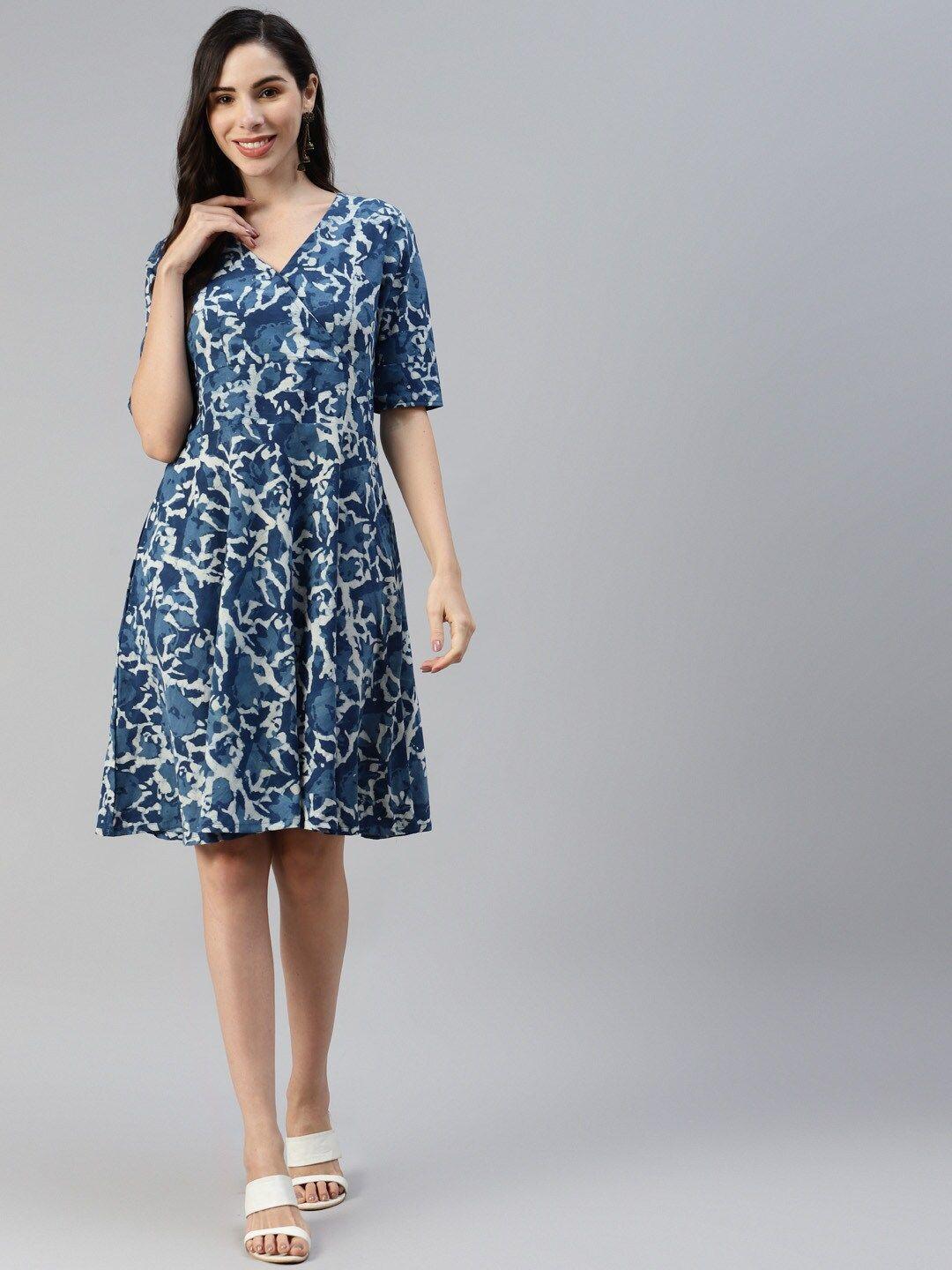 divena blue floral block print cotton fit & flare dress