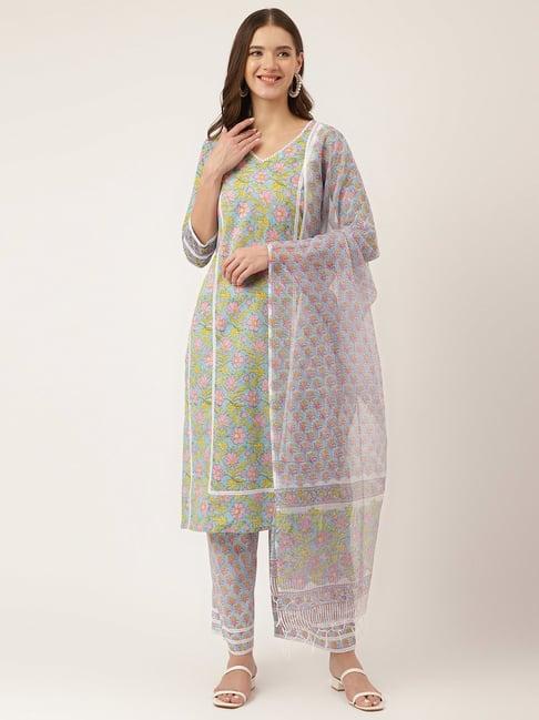 divena blue floral kurta with pant & dupatta