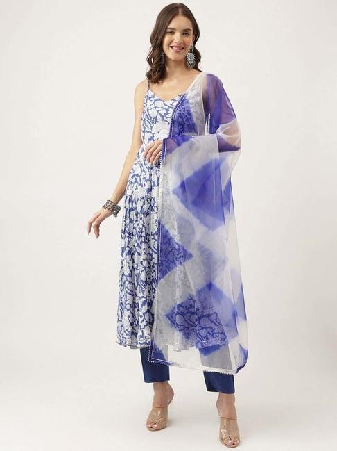 divena blue floral print kurta pant set with dupatta