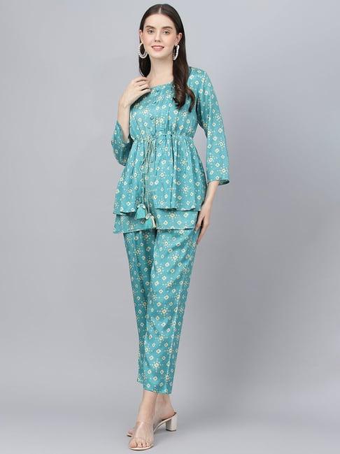 divena blue printed kurti pant set with jacket