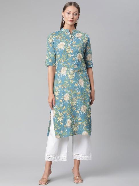 divena blue printed straight kurta