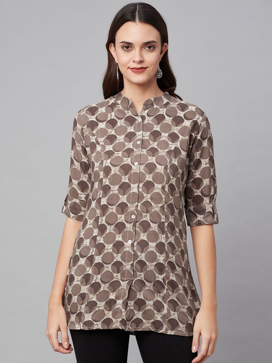 divena brown & beige geometric print mandarin collar roll-up sleeves shirt style top