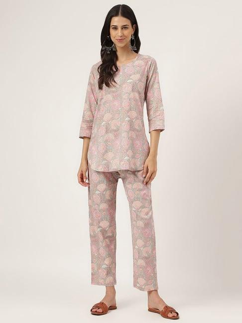 divena brown cotton floral print tunic pant set