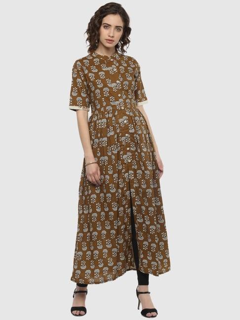 divena brown cotton printed a line kurta