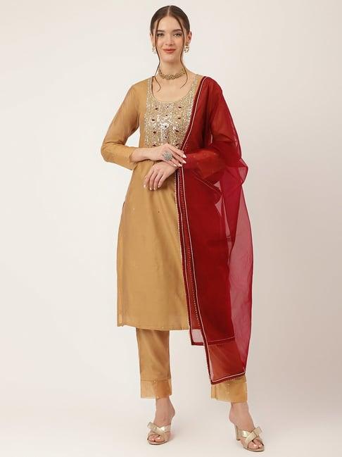divena brown embroidered kurta with pant & dupatta