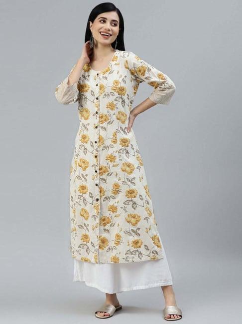 divena cream cotton floral print straight kurta