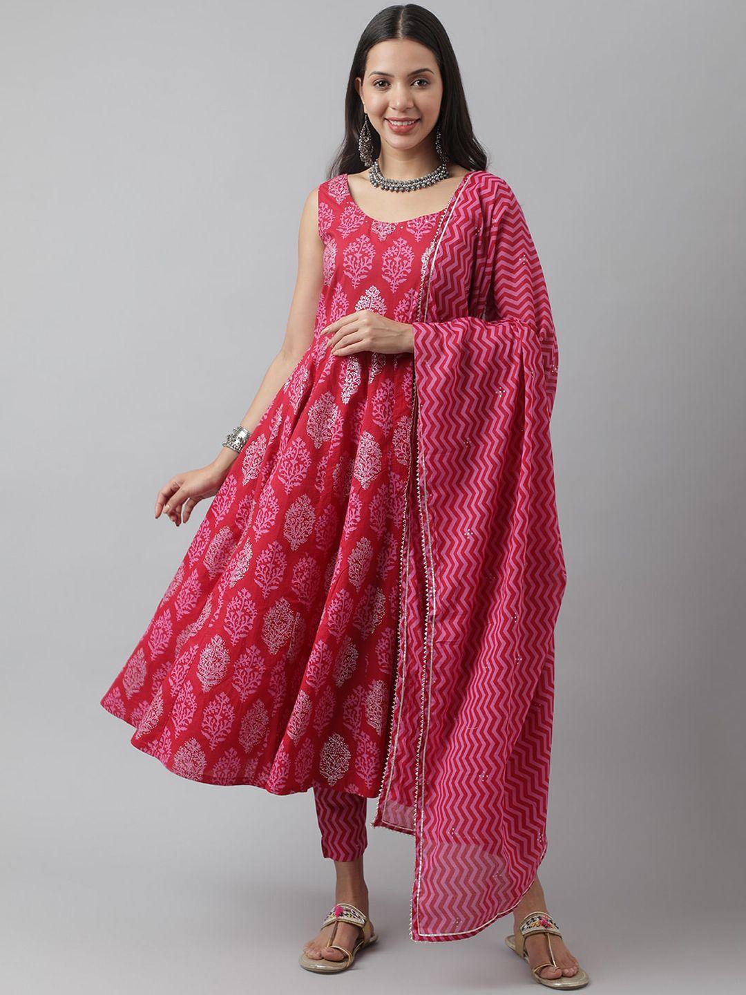 divena ethnic motifs printed anarkali pure cotton kurta with trousers & dupatta