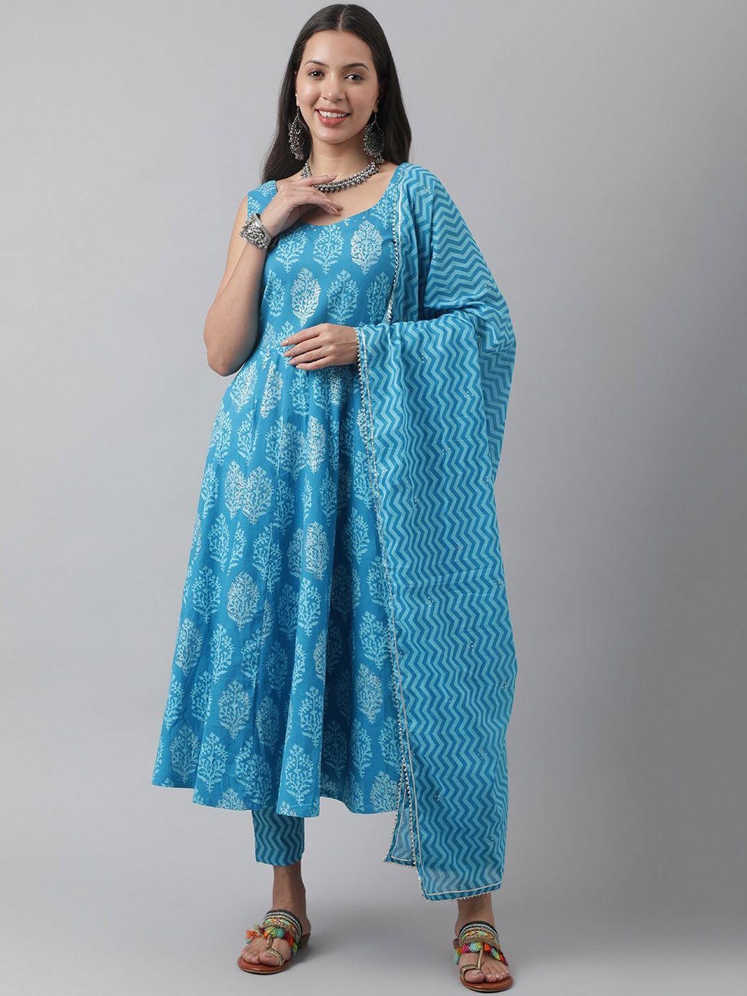 divena ethnic motifs printed anarkali pure cotton kurta with trousers & dupatta