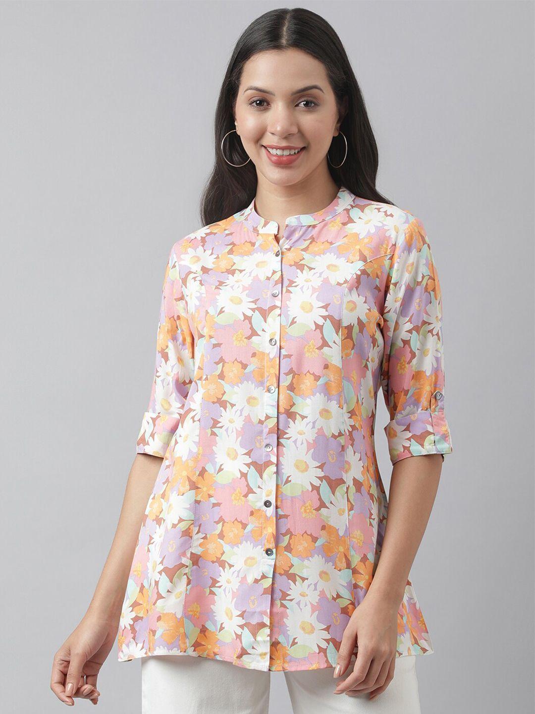 divena floral print mandarin collar roll-up sleeves a-line shirt style top