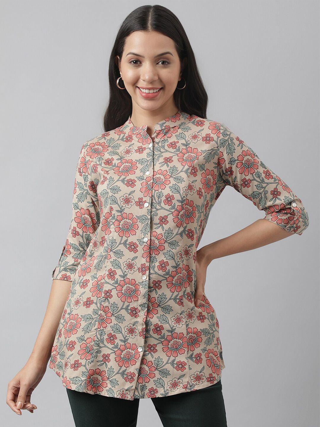 divena floral print mandarin collar roll-up sleeves a-line shirt style top