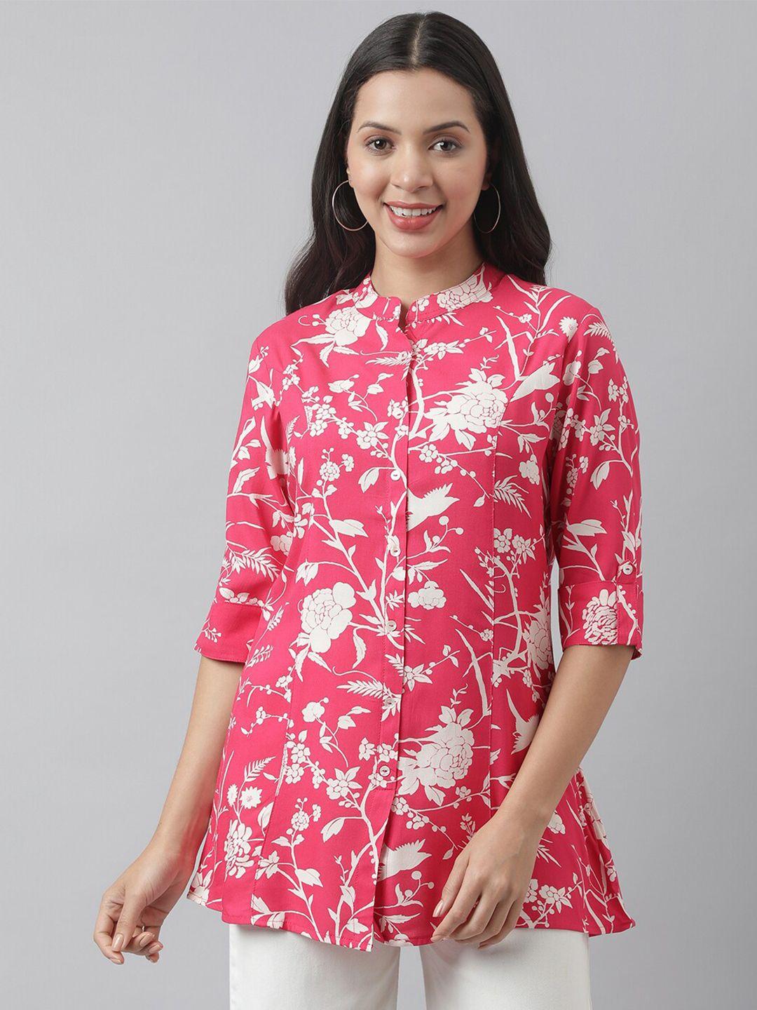 divena floral print mandarin collar roll-up sleeves a-line shirt style top