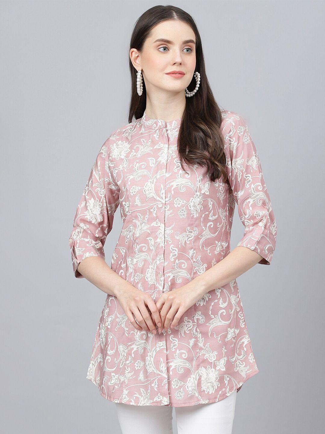 divena floral print mandarin collar roll-up sleeves shirt style longline top