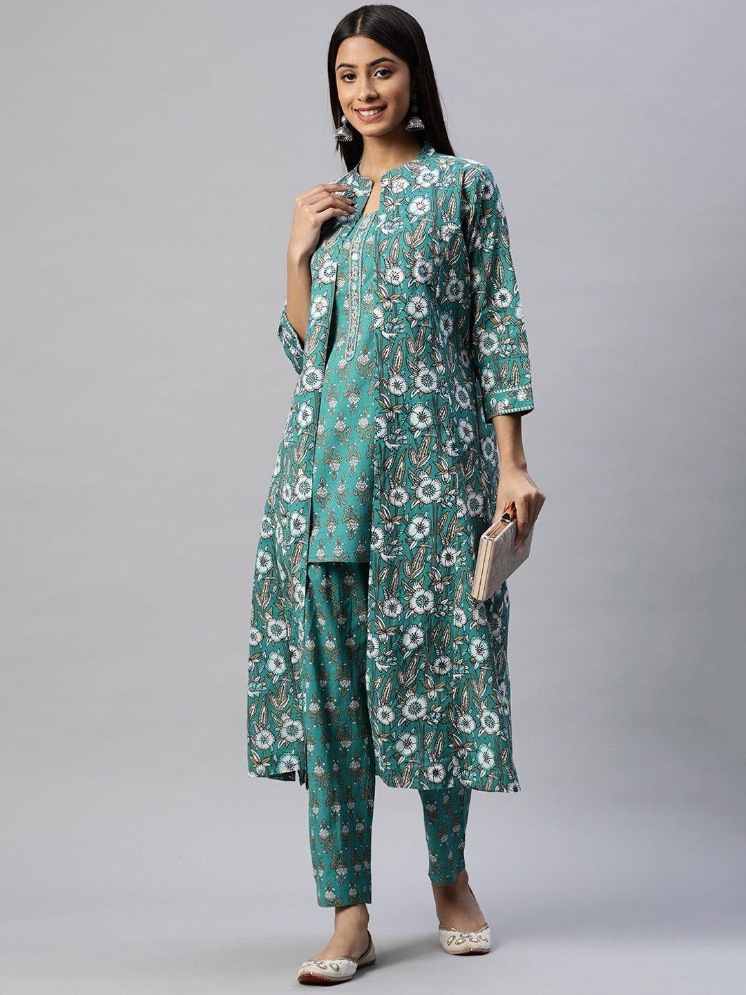divena floral printed mirror work pure cotton kurta with trousers and jacket