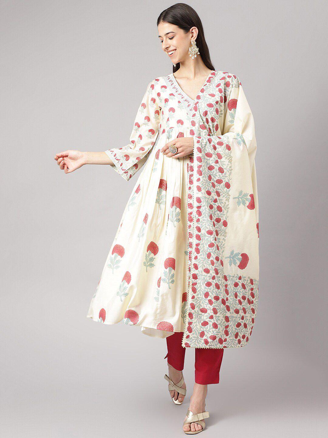 divena floral printed pleated a-line chanderi cotton kurta with trousers & dupatta