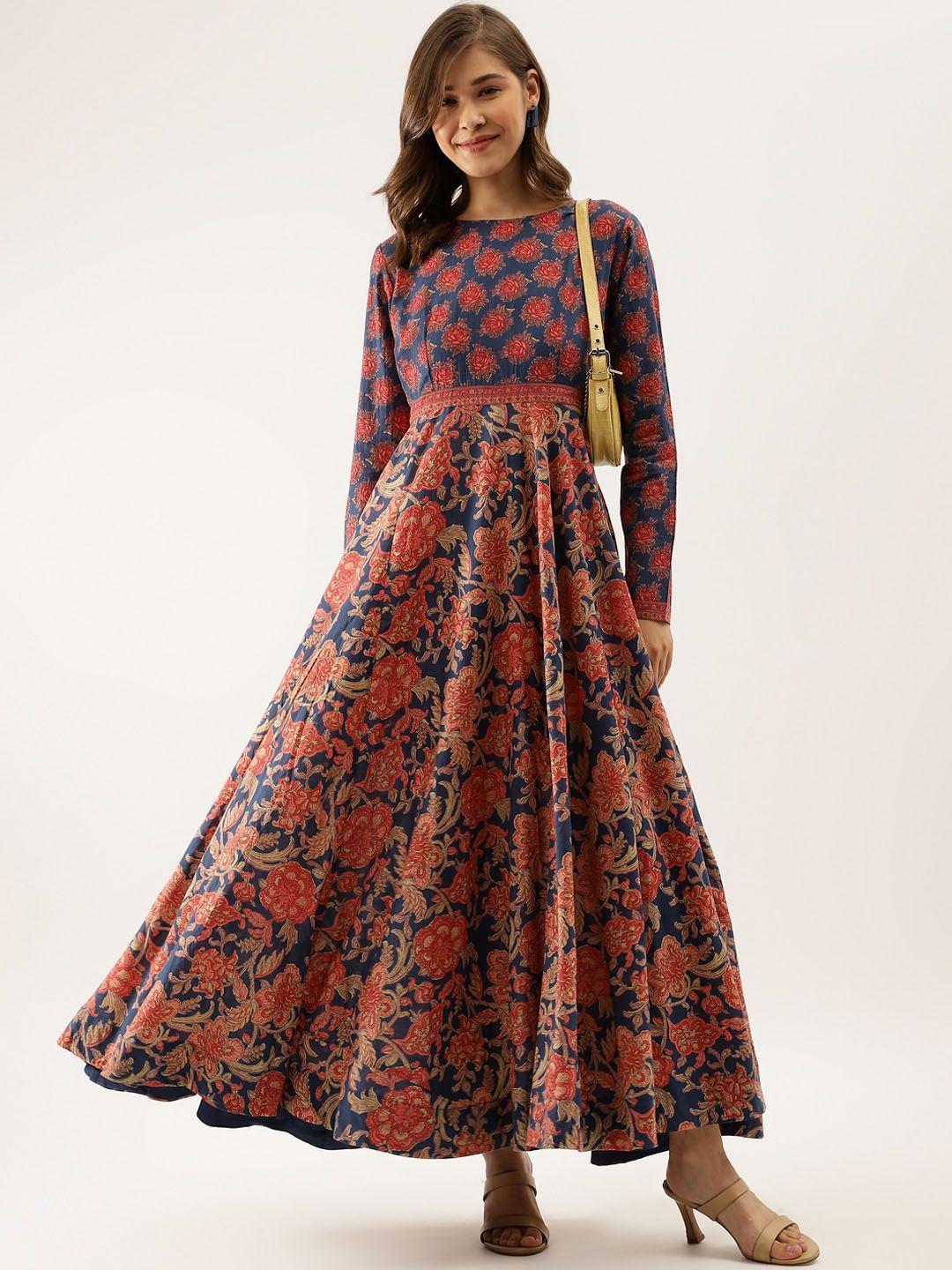 divena floral printed pure cotton fit and flare maxi ethnic dress
