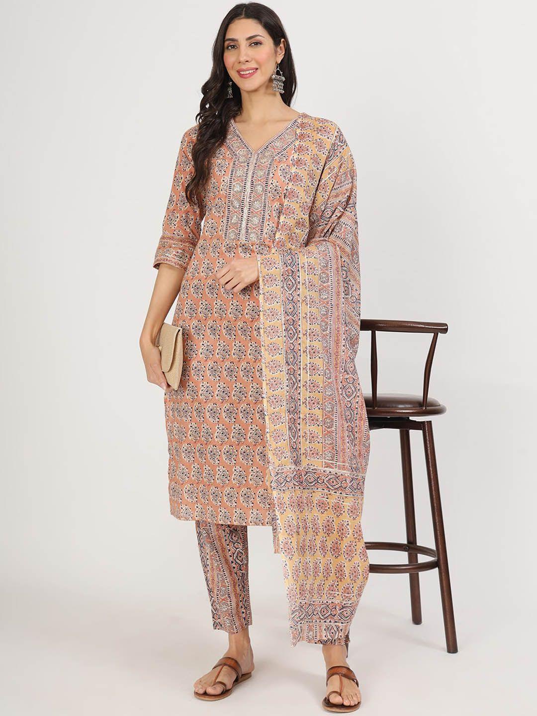 divena floral printed pure cotton straight kurta with trousers & dupatta