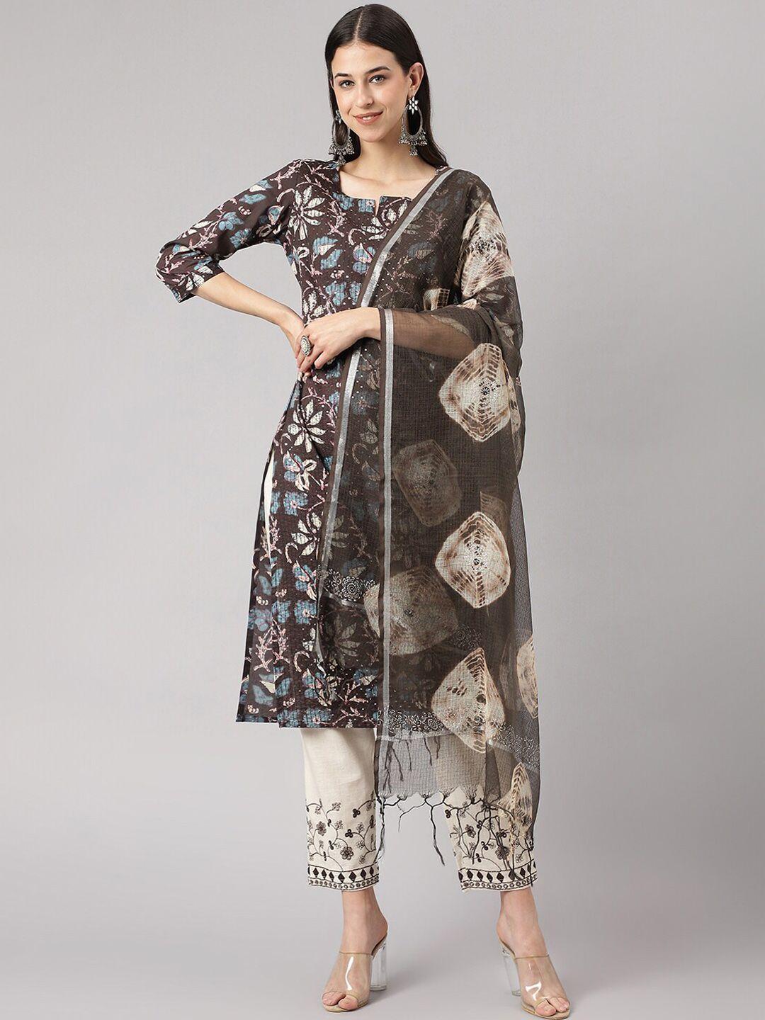 divena floral printed sequined pure cotton kurta with trousers & dupatta