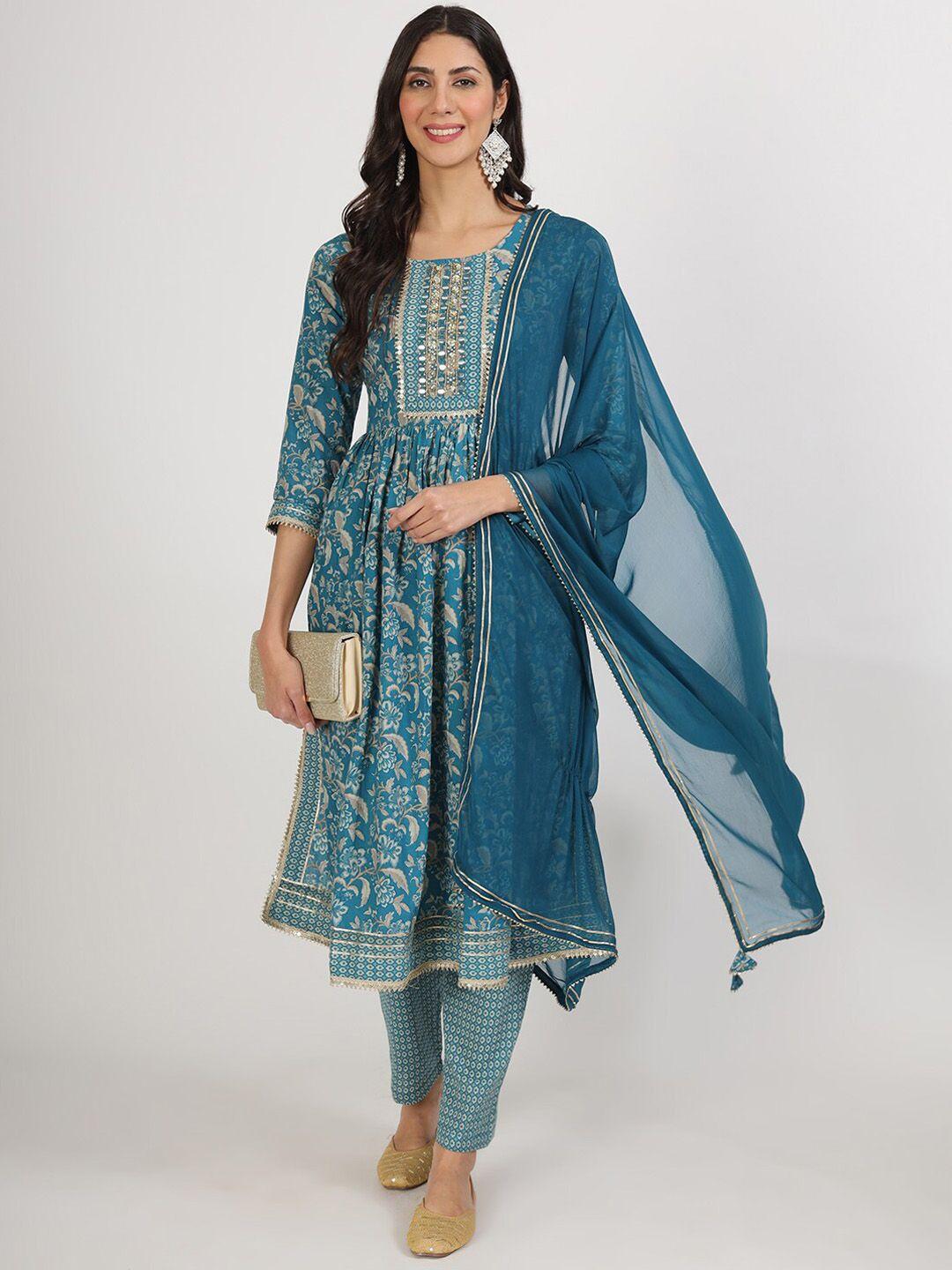 divena floral printed sequinned kurta with trousers & dupatta