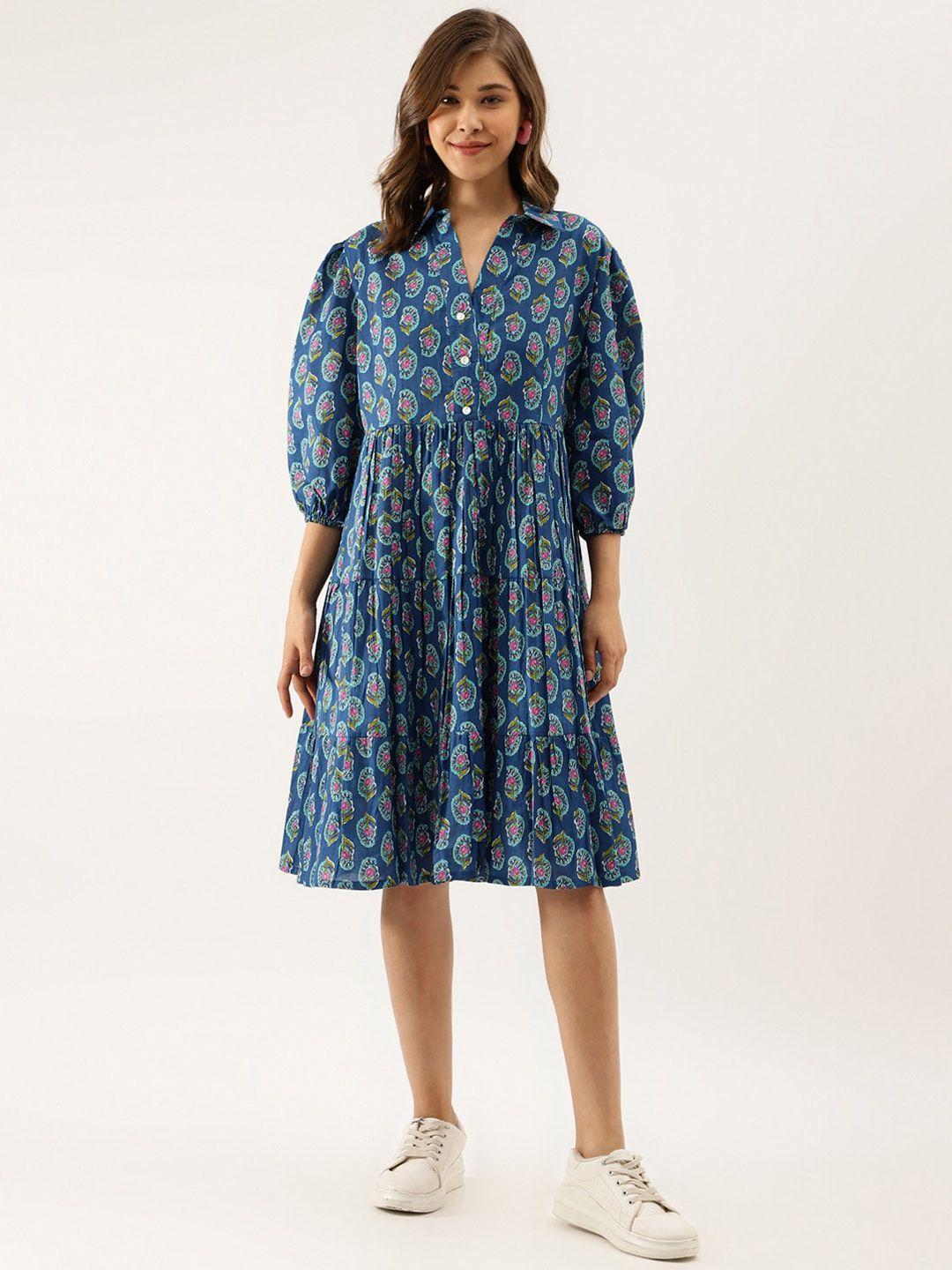 divena floral printed shirt collar puff sleeves cotton a-line dress