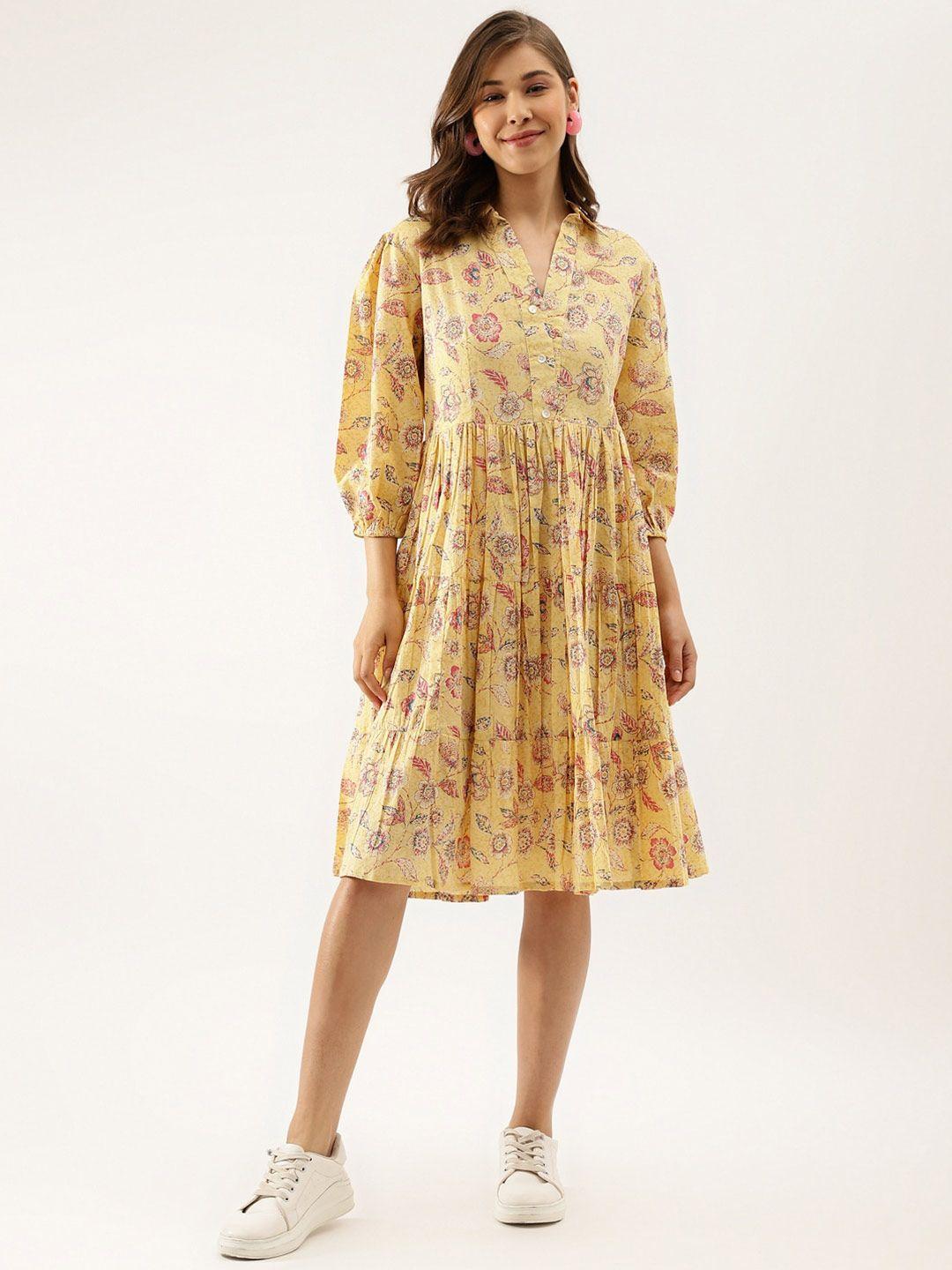 divena floral printed shirt collar puff sleeves cotton a-line dress