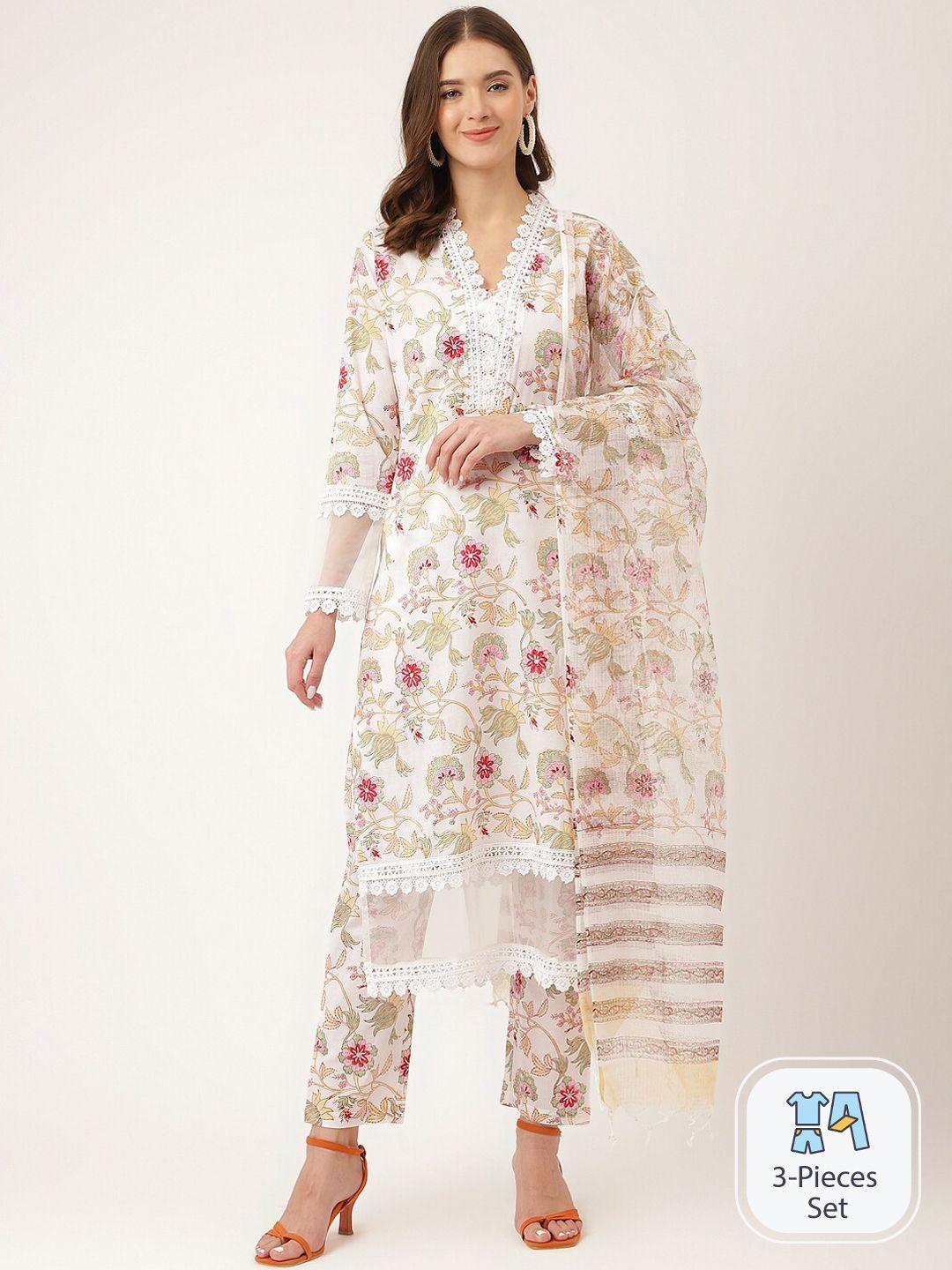 divena floral printed straight pure cotton kurta & trousers with dupatta