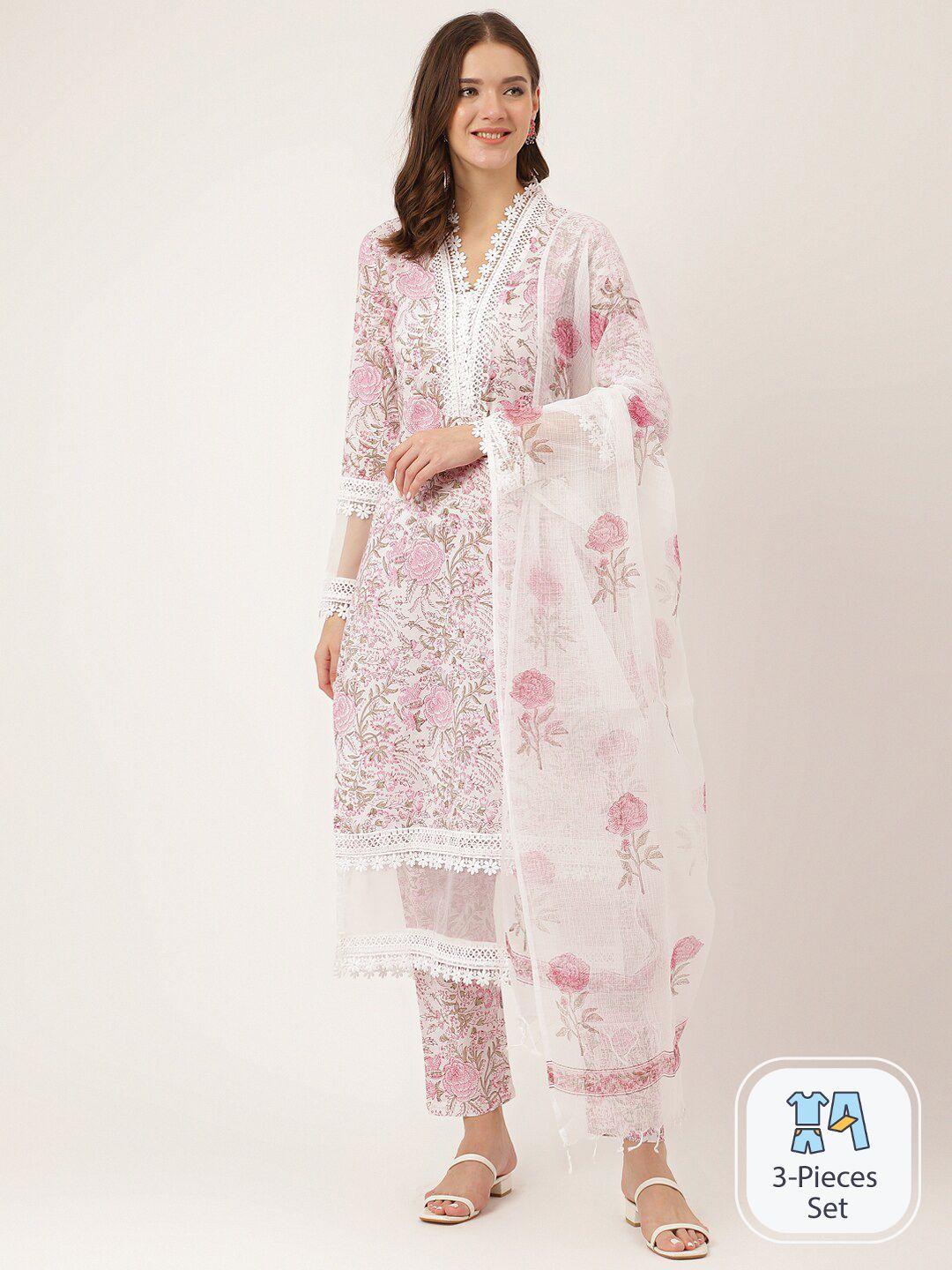 divena floral printed v-neck straight kurta & trousers with dupatta