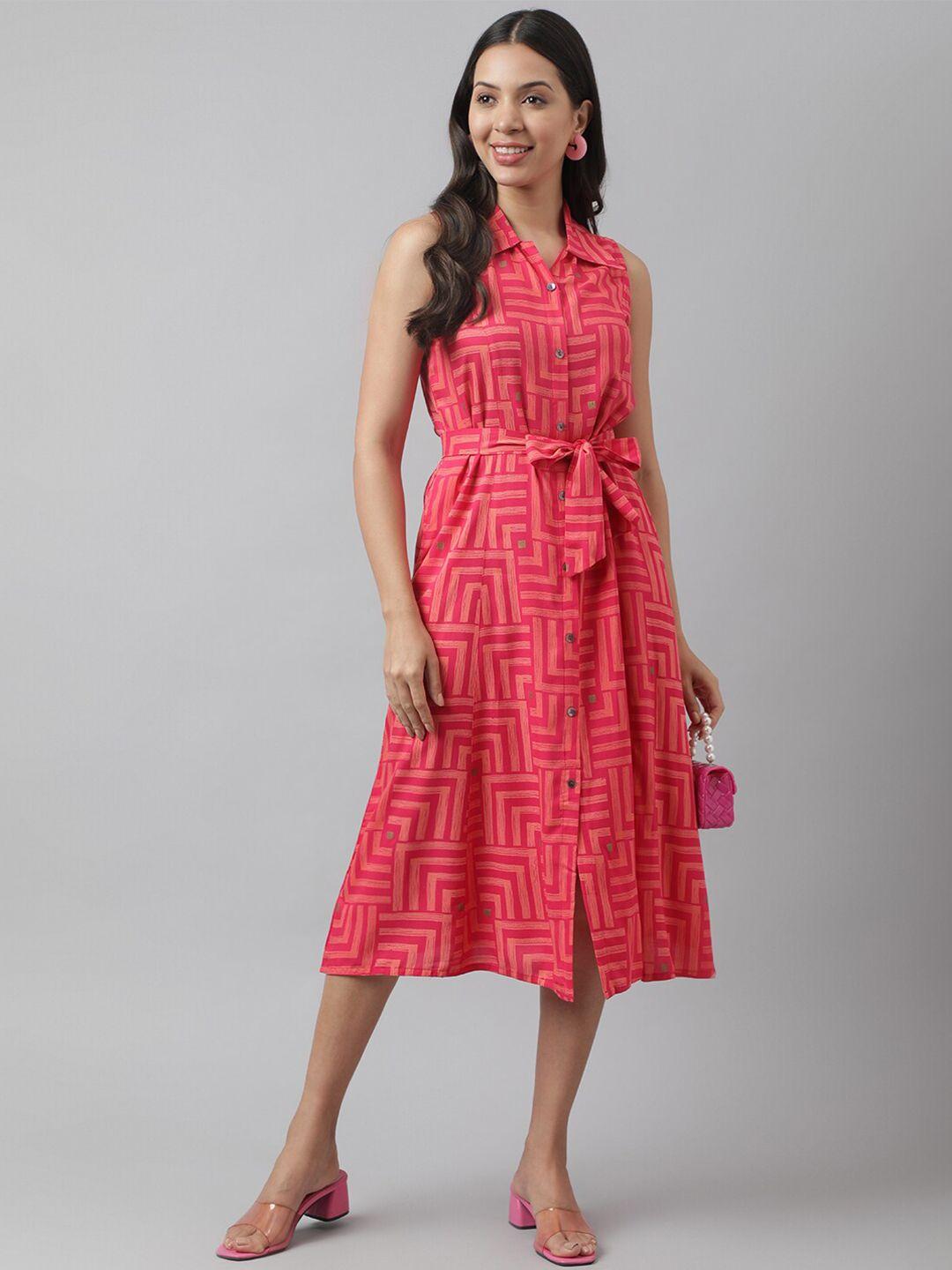 divena geometric printed sleeveless shirt midi dress with belt