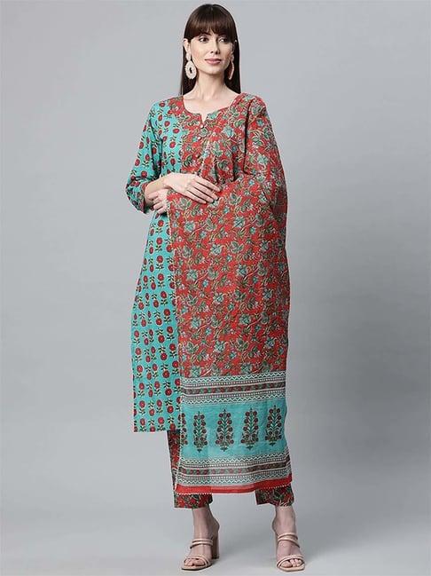 divena green & red cotton floral print kurta pant set with dupatta