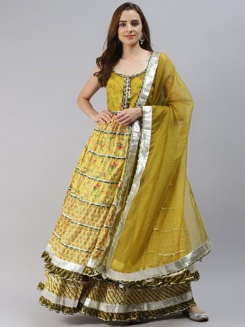 divena green & yellow cotton embellished kurta skirt set with dupatta