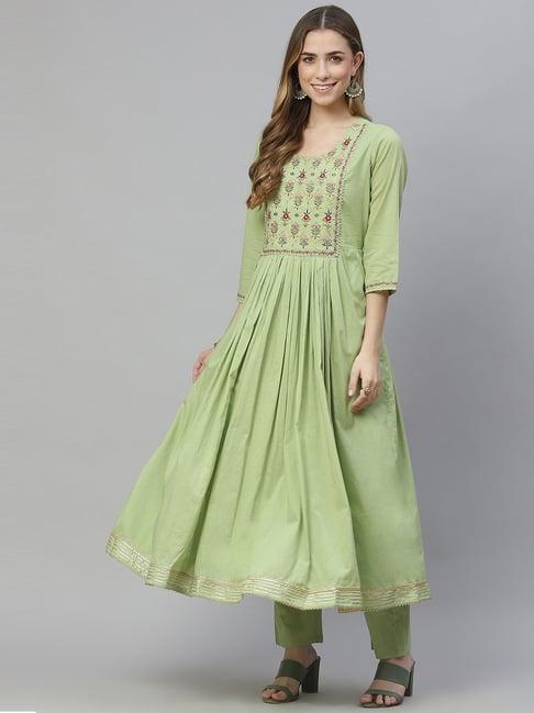 divena green cotton embroidered kurta pant set