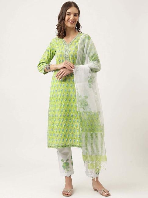 divena green cotton floral print kurta pant set with dupatta