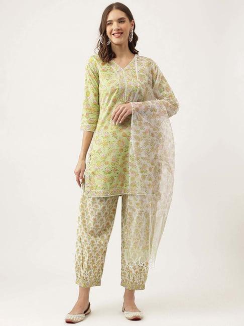 divena green cotton floral print kurta salwar set with dupatta