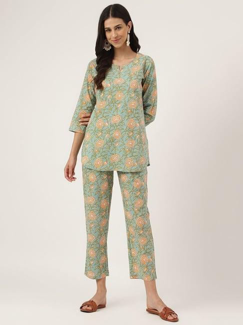 divena green cotton floral print tunic pant set