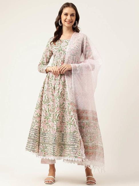 divena green cotton handblock print gotta patti anarkali kurta & pant with dupatta