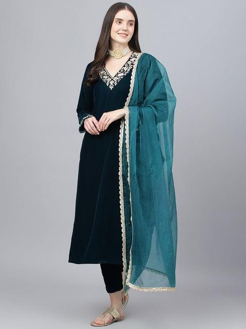 divena green embroidered kurta pant set with dupatta
