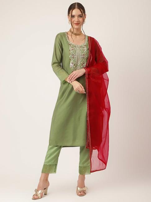 divena green embroidered kurta with pant & dupatta