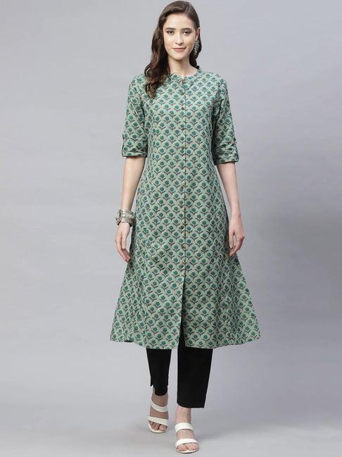 divena green printed a line kurta